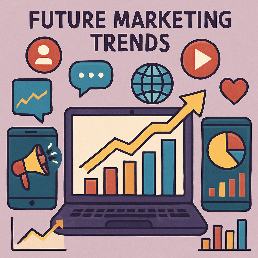 Illustration of future marketing trends with digital devices and graphs